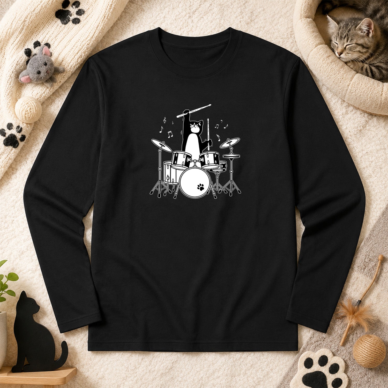 猫 長袖Tシャツ|ドラム猫イラスト|ねこ ロンT メンズ レディース S-2XL